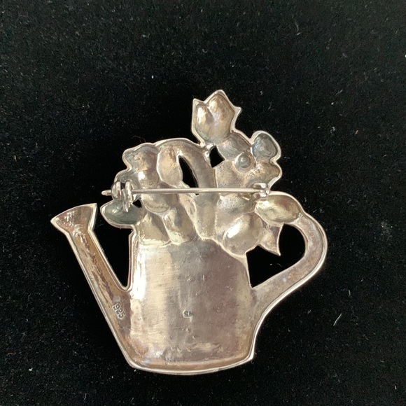 Enamel Marcasite Watering Can Of Flowers Brooch Pin S.M.925 Spring Floral Summer - Picture 2 of 9
